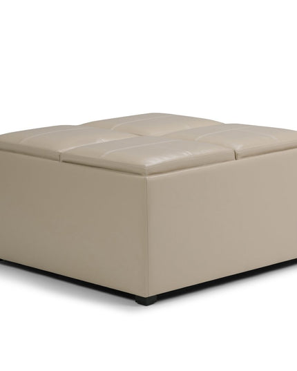 35" Cream and Dark Brown Leather Cocktail Ottoman With Storage
