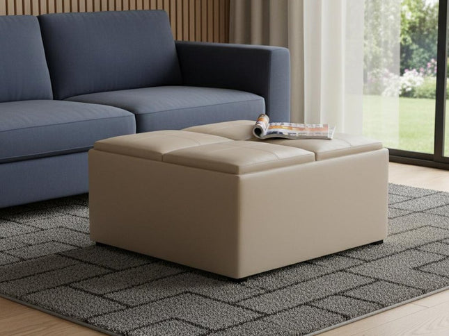 35" Cream and Dark Brown Leather Cocktail Ottoman With Storage