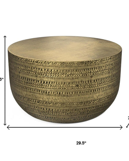 18" Antiqued Gold Metal Round Drum End Table