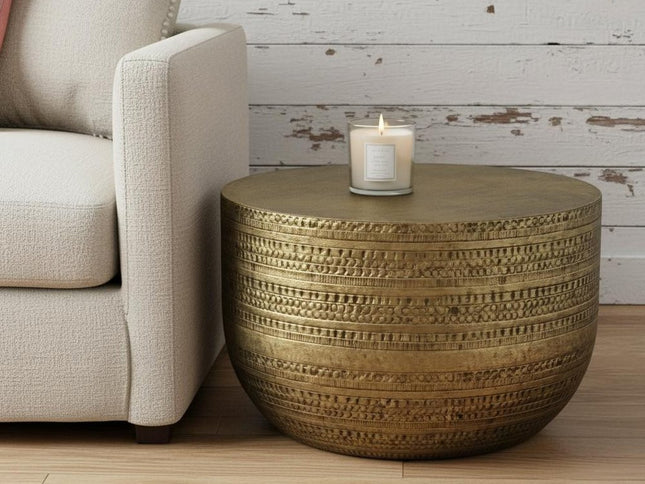 18" Antiqued Gold Metal Round Drum End Table