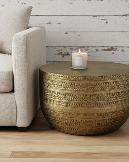 18" Antiqued Gold Metal Round Drum End Table