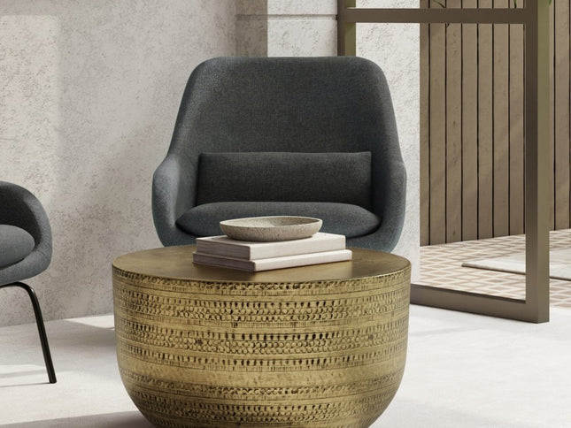 18" Antiqued Gold Metal Round Drum End Table