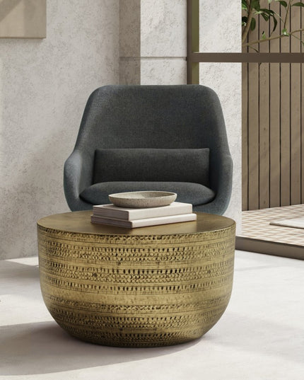 18" Antiqued Gold Metal Round Drum End Table