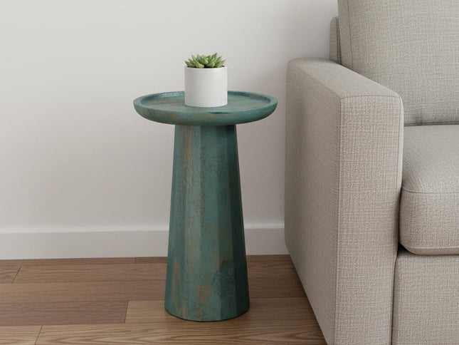 19" Teal Blue Solid Wood Round End Table