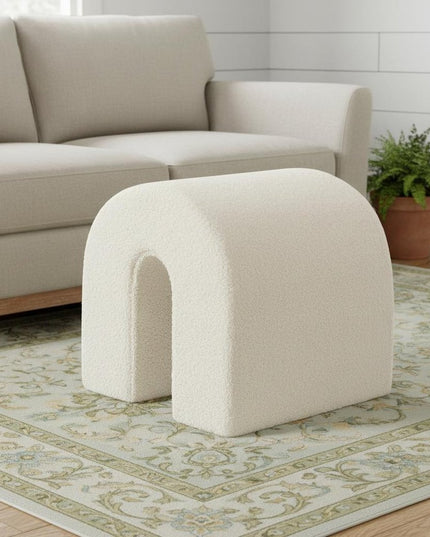 17" White Boucle Oval Footstool Ottoman