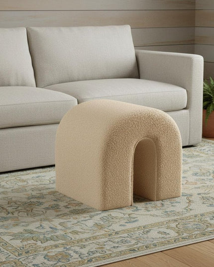 17" Beige Boucle Oval Footstool Ottoman