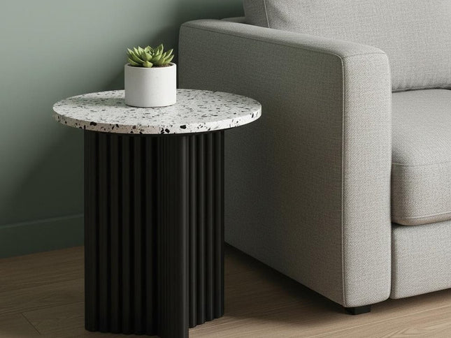 23" White and Black Faux Terrazzo and Wood Round Pedestal End Table