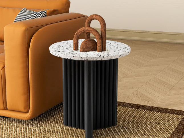 23" White and Black Faux Terrazzo and Wood Round Pedestal End Table