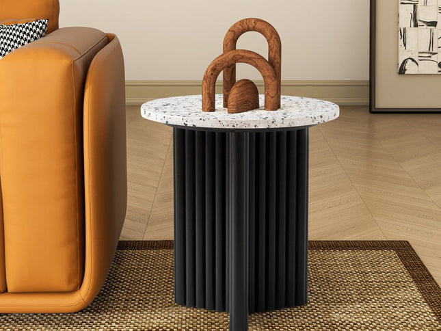 23" White and Black Faux Terrazzo and Wood Round Pedestal End Table