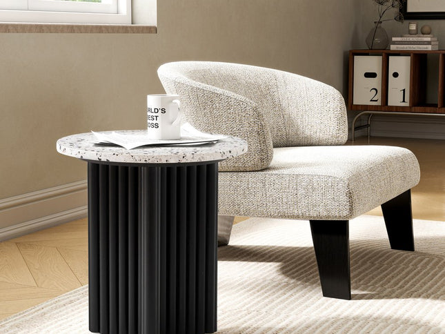23" White and Black Faux Terrazzo and Wood Round Pedestal End Table