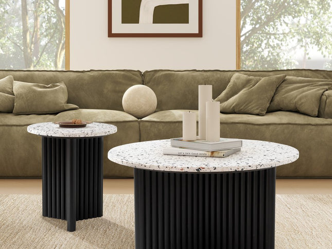 23" White and Black Faux Terrazzo and Wood Round Pedestal End Table