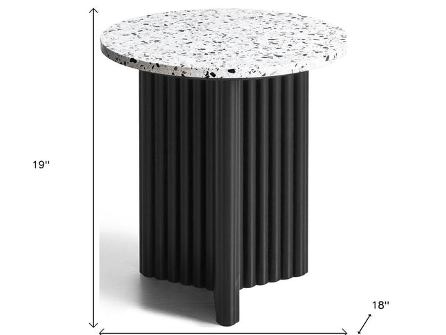 23" White and Black Faux Terrazzo and Wood Round Pedestal End Table