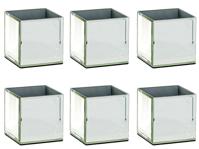 Set of Six Silver Mirrored Glass Square Table Vases