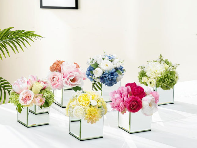 Set of Six Silver Mirrored Glass Square Table Vases