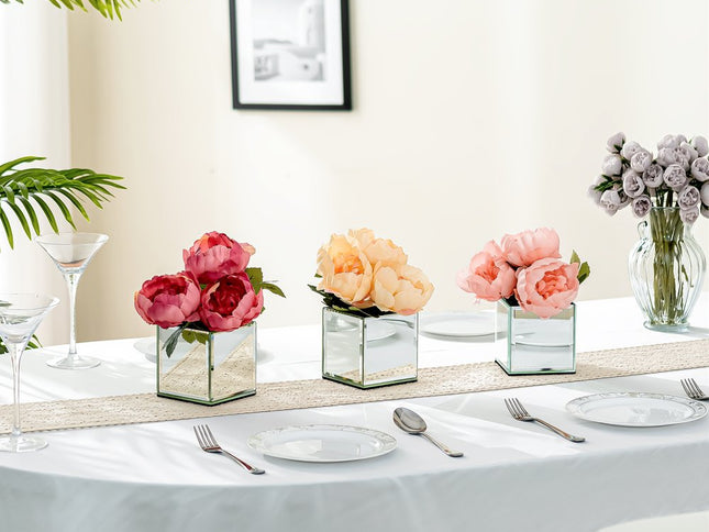 Set of Six Silver Mirrored Glass Square Table Vases