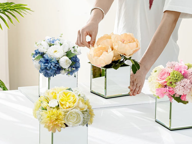 Set of Six Silver Mirrored Glass Square Table Vases