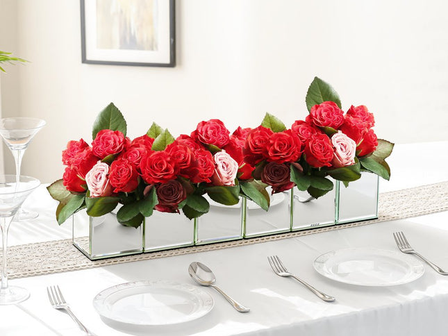 Set of Six Silver Mirrored Glass Square Table Vases