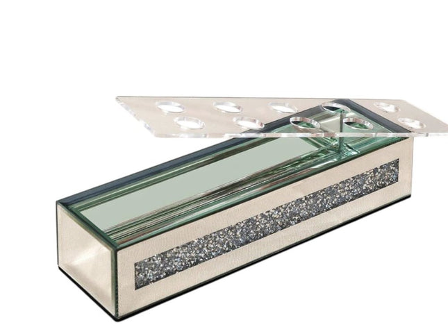 13" Silver Crystal And Mirrored Glass Table Vase With Crystals