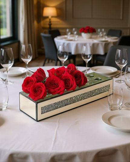 13" Silver Crystal And Mirrored Glass Table Vase With Crystals