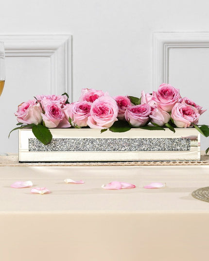 13" Silver Crystal And Mirrored Glass Table Vase With Crystals