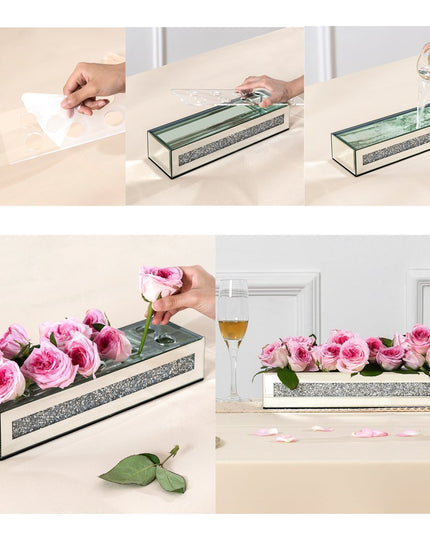 13" Silver Crystal And Mirrored Glass Table Vase With Crystals