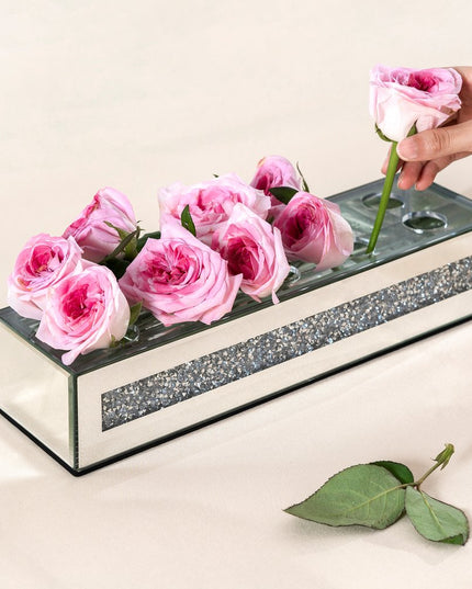 13" Silver Crystal And Mirrored Glass Table Vase With Crystals