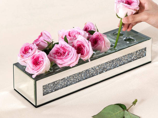 13" Silver Crystal And Mirrored Glass Table Vase With Crystals