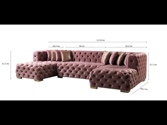 Tufted Pink Velvet Modular U Shaped Sofa and Chaise Sectional With Toss Pillows