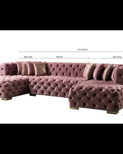 Tufted Pink Velvet Modular U Shaped Sofa and Chaise Sectional With Toss Pillows