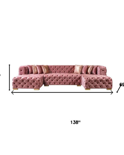 Tufted Pink Velvet Modular U Shaped Sofa and Chaise Sectional With Toss Pillows
