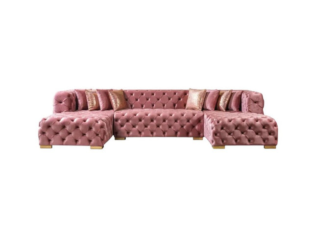 Tufted Pink Velvet Modular U Shaped Sofa and Chaise Sectional With Toss Pillows