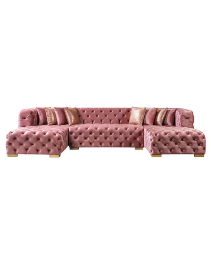 Tufted Pink Velvet Modular U Shaped Sofa and Chaise Sectional With Toss Pillows