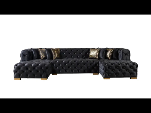 Tufted Black Velvet Modular U Shaped Sofa and Chaise Sectional With Toss Pillows