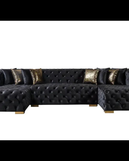 Tufted Black Velvet Modular U Shaped Sofa and Chaise Sectional With Toss Pillows