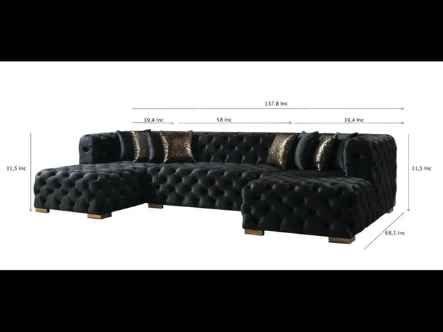 Tufted Black Velvet Modular U Shaped Sofa and Chaise Sectional With Toss Pillows
