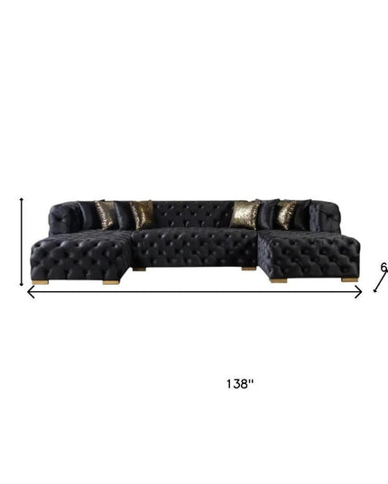 Tufted Black Velvet Modular U Shaped Sofa and Chaise Sectional With Toss Pillows