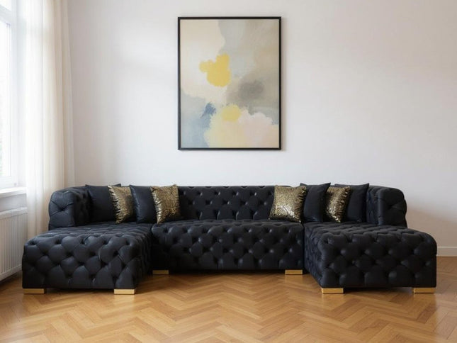 Tufted Black Velvet Modular U Shaped Sofa and Chaise Sectional With Toss Pillows