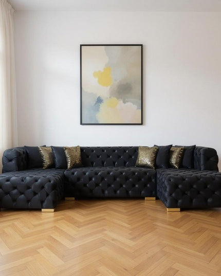 Tufted Black Velvet Modular U Shaped Sofa and Chaise Sectional With Toss Pillows