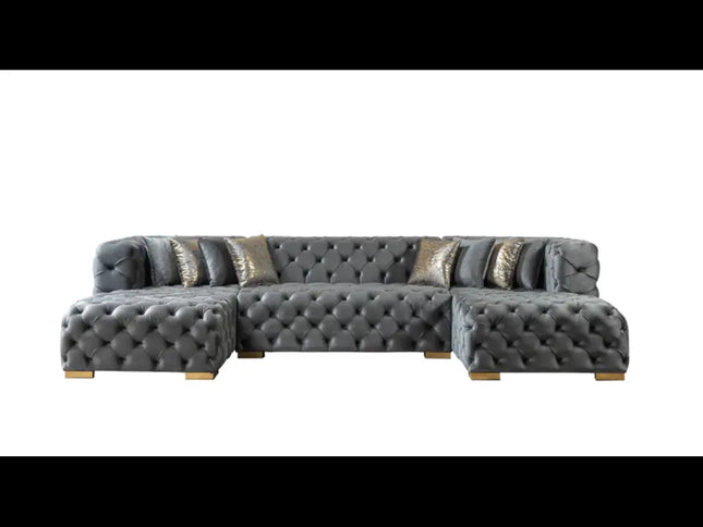 Tufted Gray Velvet Modular U Shaped Sofa and Chaise Sectional With Toss Pillows