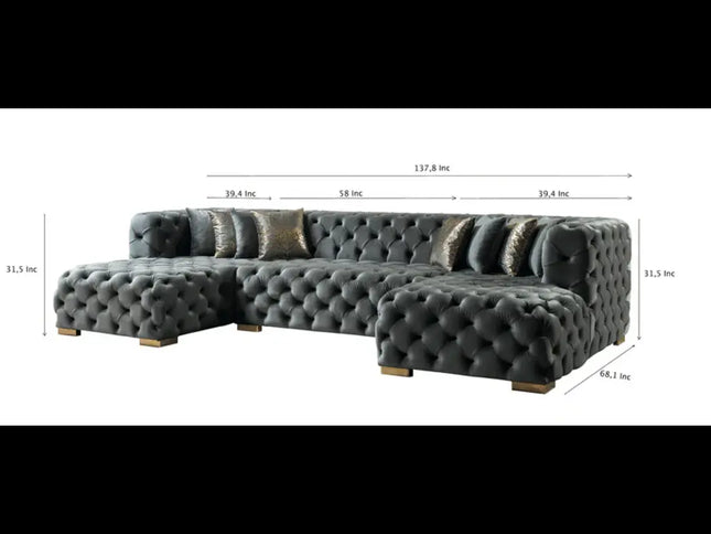 Tufted Gray Velvet Modular U Shaped Sofa and Chaise Sectional With Toss Pillows
