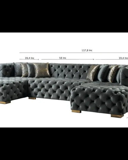 Tufted Gray Velvet Modular U Shaped Sofa and Chaise Sectional With Toss Pillows