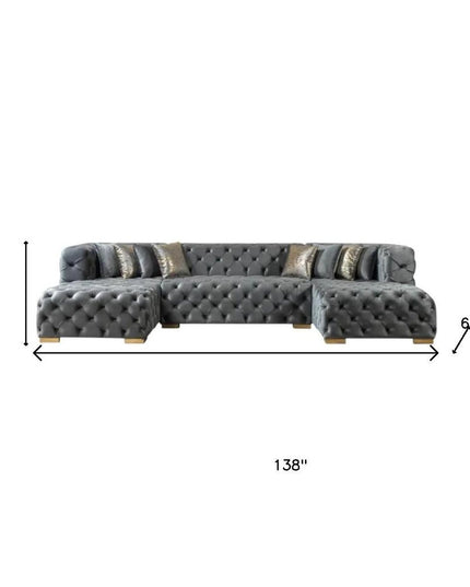 Tufted Gray Velvet Modular U Shaped Sofa and Chaise Sectional With Toss Pillows