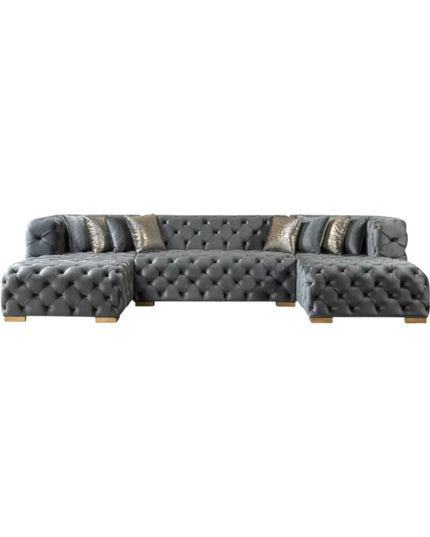 Tufted Gray Velvet Modular U Shaped Sofa and Chaise Sectional With Toss Pillows