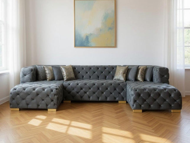 Tufted Gray Velvet Modular U Shaped Sofa and Chaise Sectional With Toss Pillows