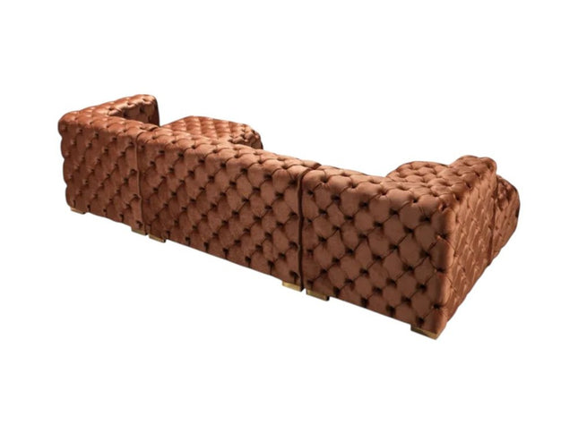 Tufted Orange Velvet Modular U Shaped Sofa and Chaise Sectional With Toss Pillows
