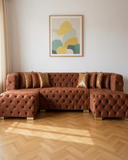 Tufted Orange Velvet Modular U Shaped Sofa and Chaise Sectional With Toss Pillows