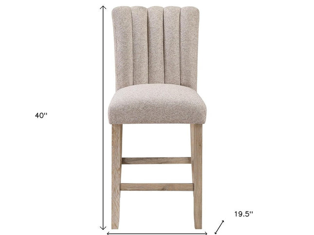 Set of Two 26" Beige and Natural Solid Manufactured Wood Fabric and Wood Bar Height Bar Chairs