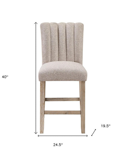 Set of Two 26" Beige and Natural Solid Manufactured Wood Fabric and Wood Bar Height Bar Chairs