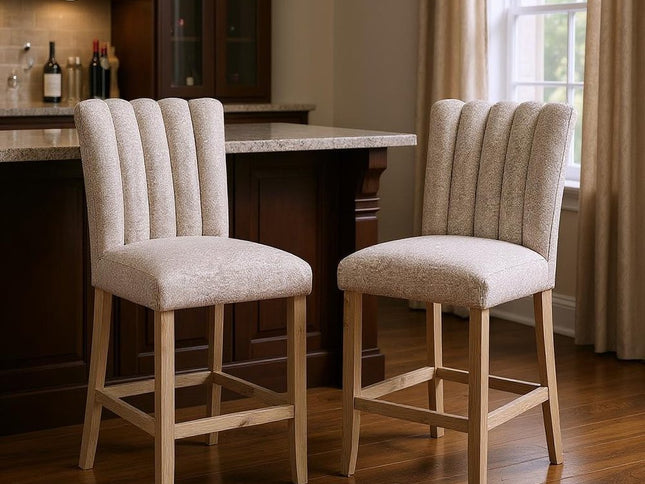 Set of Two 26" Beige and Natural Solid Manufactured Wood Fabric and Wood Bar Height Bar Chairs