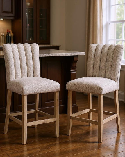 Set of Two 26" Beige and Natural Solid Manufactured Wood Fabric and Wood Bar Height Bar Chairs